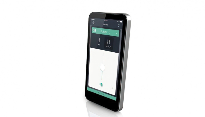 Hansaton: Seitlicher Blick auf ein Smartphone, darauf die Stream Remote App für Hansaton Hörgeräte