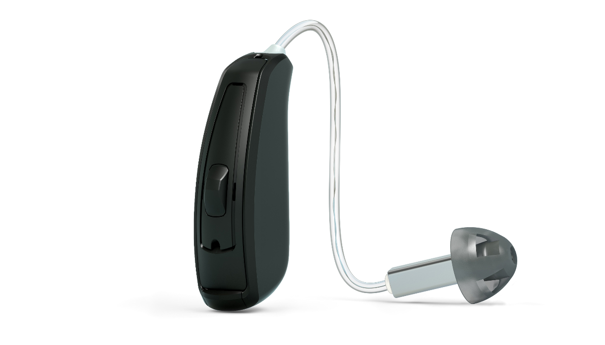 ReSound: Ein schwarzes Hörgerät mit externem Lautsprecher