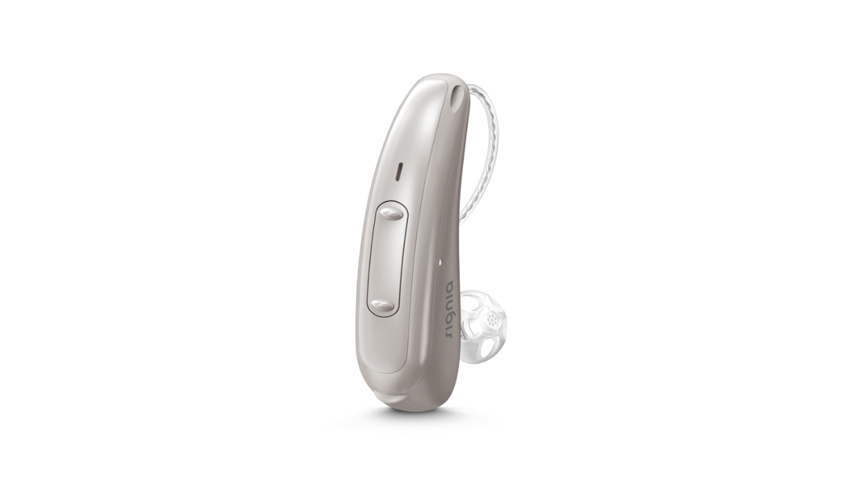 Signia: Silbernes Hörgerät mit Wippschalter und externem Hörer
