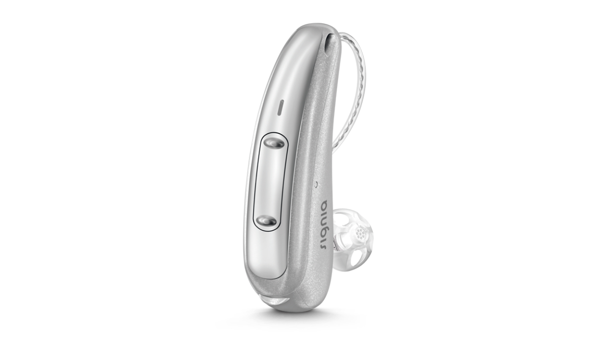 Signia: Silbernes Hörgerät mit Wippschalter und externem Hörer