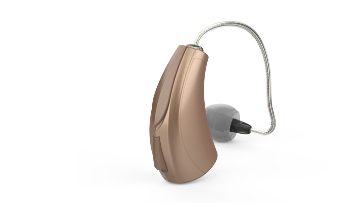 Starkey: champagnerfarbenes Hörgerät mit externem Hörer