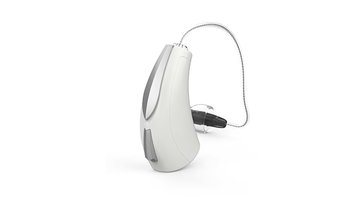 NuEar: Ein weisses Hörgerät mit externem Lautsprecher