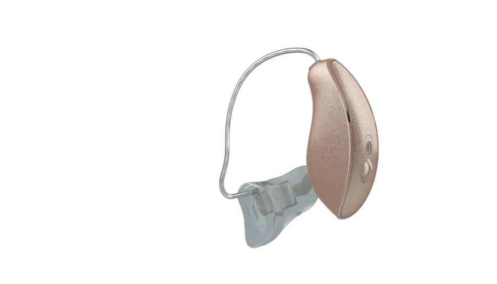 NuEar: einzelnes, beiges Akkuhörgerät