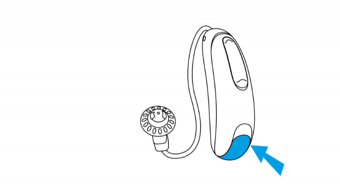 Unitron: Skizze eines Uniton Hörgeräte mit Pfeil auf das Batteriefach