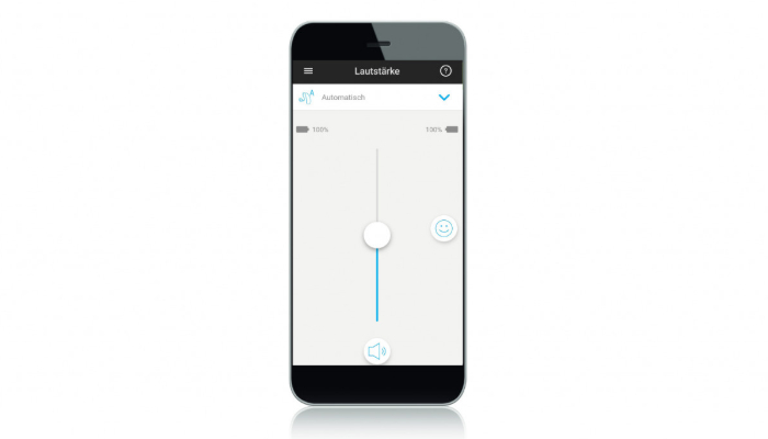 Unitron: Smartphone mit Unitron-App und einem Lautstärkeregler