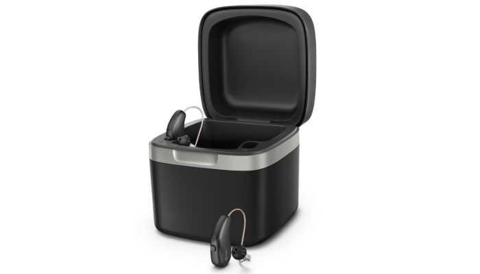 Widex: Battery charging station with hearing aids