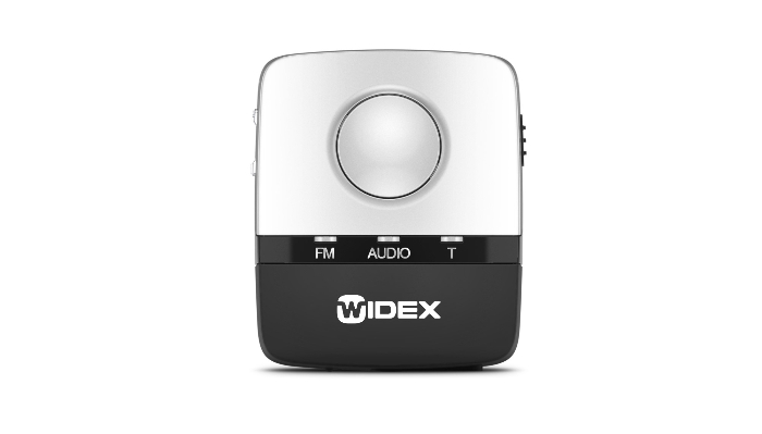 Widex: Quadratischer Funkempfänger zum Anstecken in silber mit verschiedenen LED-Anzeigen