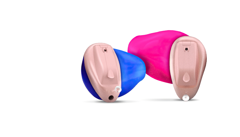 Widex: Im-Ohr-Hörgeräte in pink und blau