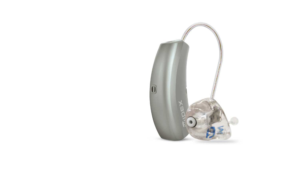 Widex: Zwei kleine silberne Hörgeräte, das rechte mit Otoplastik