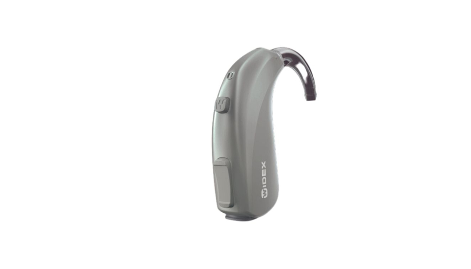Widex: HdO hearing aid in gray with battery and wireless connection, by Widex.