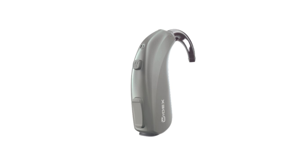 Widex: HdO-Hörgerät in grau mit Batterie und Funkanbindung, von Widex.