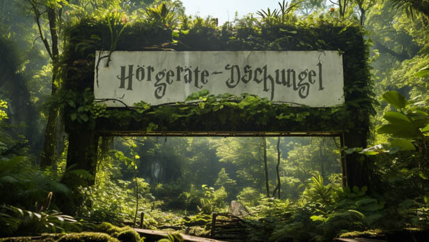 Schild steht im Dschungel mit der AUfschrift Hörgeräte-Dschungel