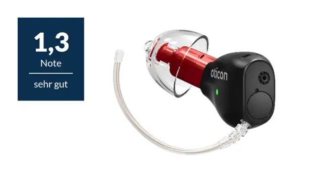 Das Oticon Zeal Hörgerät neben einer Fläche mit der Testnote 1,3