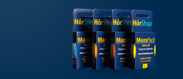 Vier verschiedene MaxxPack Hörgerätebatterien