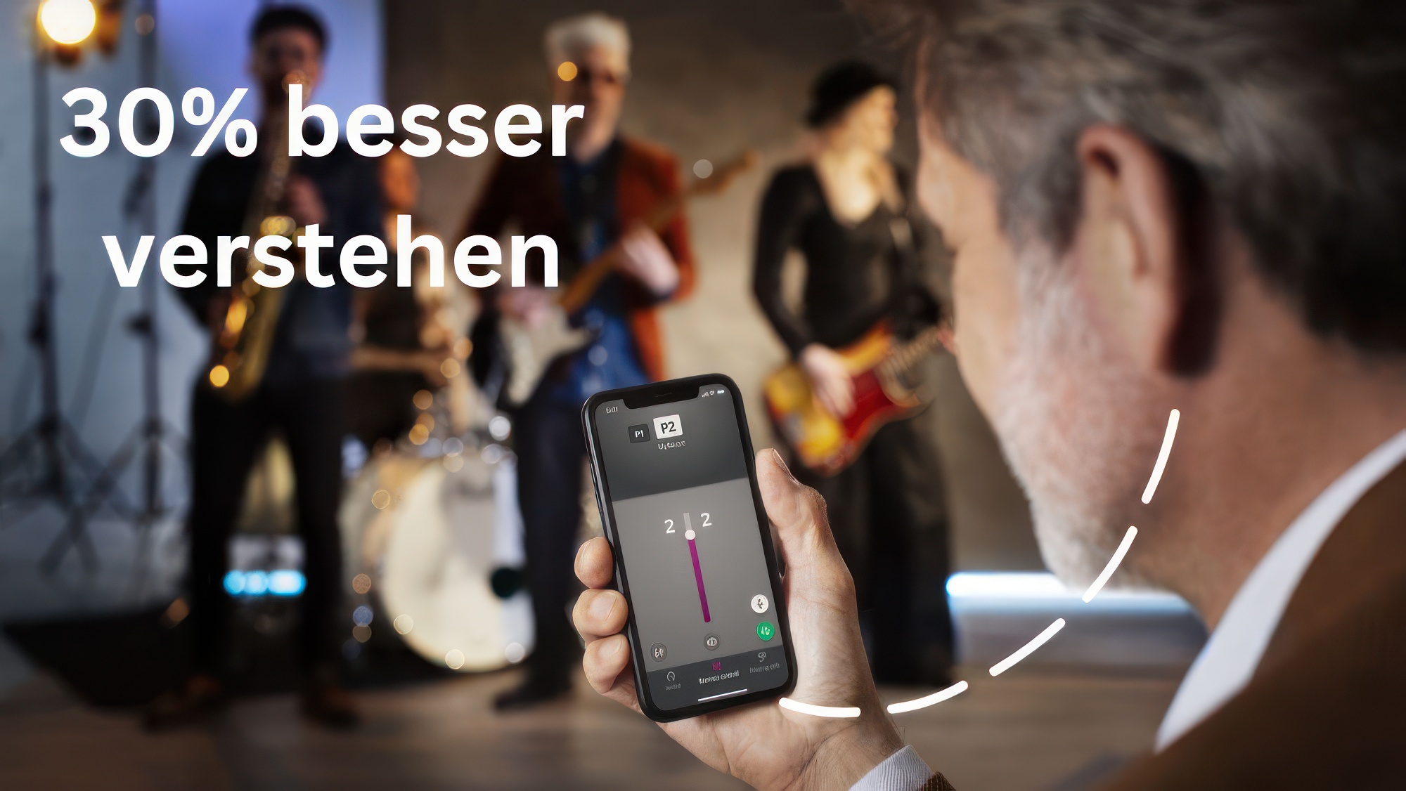 Bessere Verständlichkeit: Das neue Hörgerät Oticon OPN S 1 im Test 3 Mann mit Smartphone in der Hand und Schrift: 30 Prozent besser verstehen
