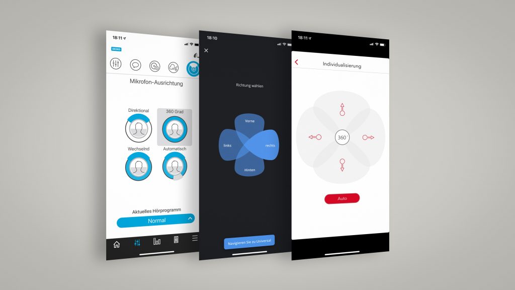 3 Screenshots von Hörgeräte-Apps, die den manuellen Zugriff auf Richtmikrofone gewähren