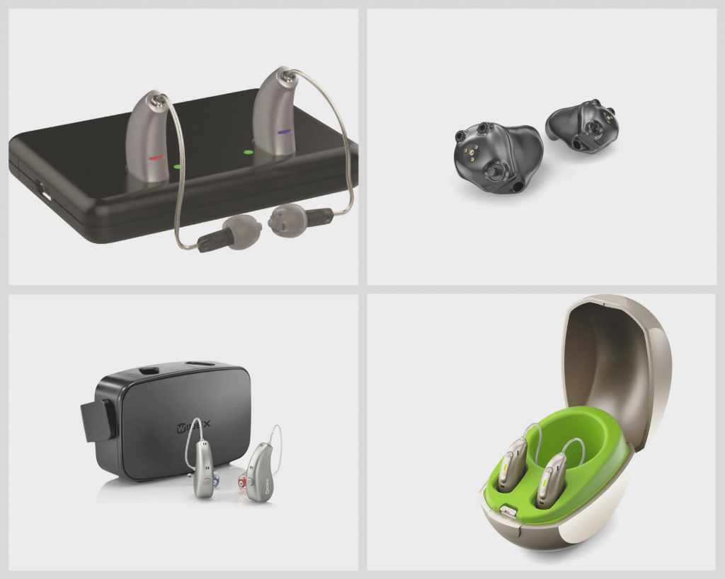 Hörgeräte 2025: Alles, was Sie wissen müssen 21 Drei Paar Hörgeräte mit unterschiedlichen Ladestationen sowie ein Paar aufladbare Im-Ohr-Hörgeräte