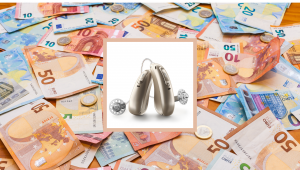 Collage aus Hörgeräten und Geldscheinen, symbolisiert Hörgeräte-Preise