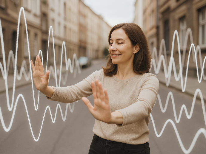 Eine lächelnde Frau steht auf einer leeren Straße in einer Stadt und streckt beide Hände nach vorn aus, als würde sie unsichtbare Wellen berühren. Um sie herum sind weiße, grafisch dargestellte Schallwellen eingefügt, die eine Interaktion mit Klang oder Energie symbolisieren.
Das Bild symbolisiert smarte Hörgeräte mit einer Störlärmunterdrückung.